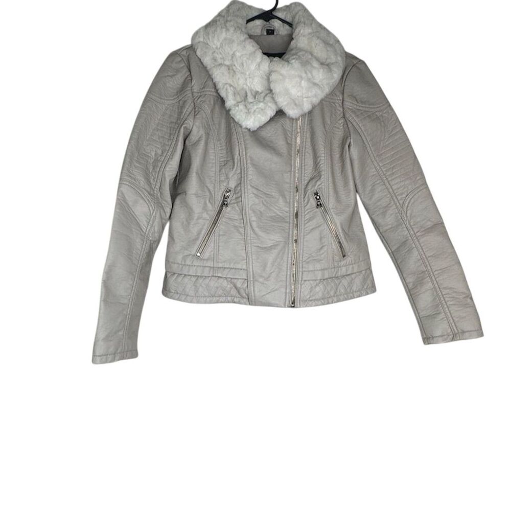 Guess Stone Gray Faux Fur Collar Bomber Jacket Size Medium Winter Women’s